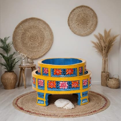 PREET SPICE Hand-Painted Round Teak Wood Decorative Chakki Set with Floral Design, 25x25x12 cm & 20x20x10 cm - Colorful Indian Art for Living Room, Bedroom, Office, Hotels