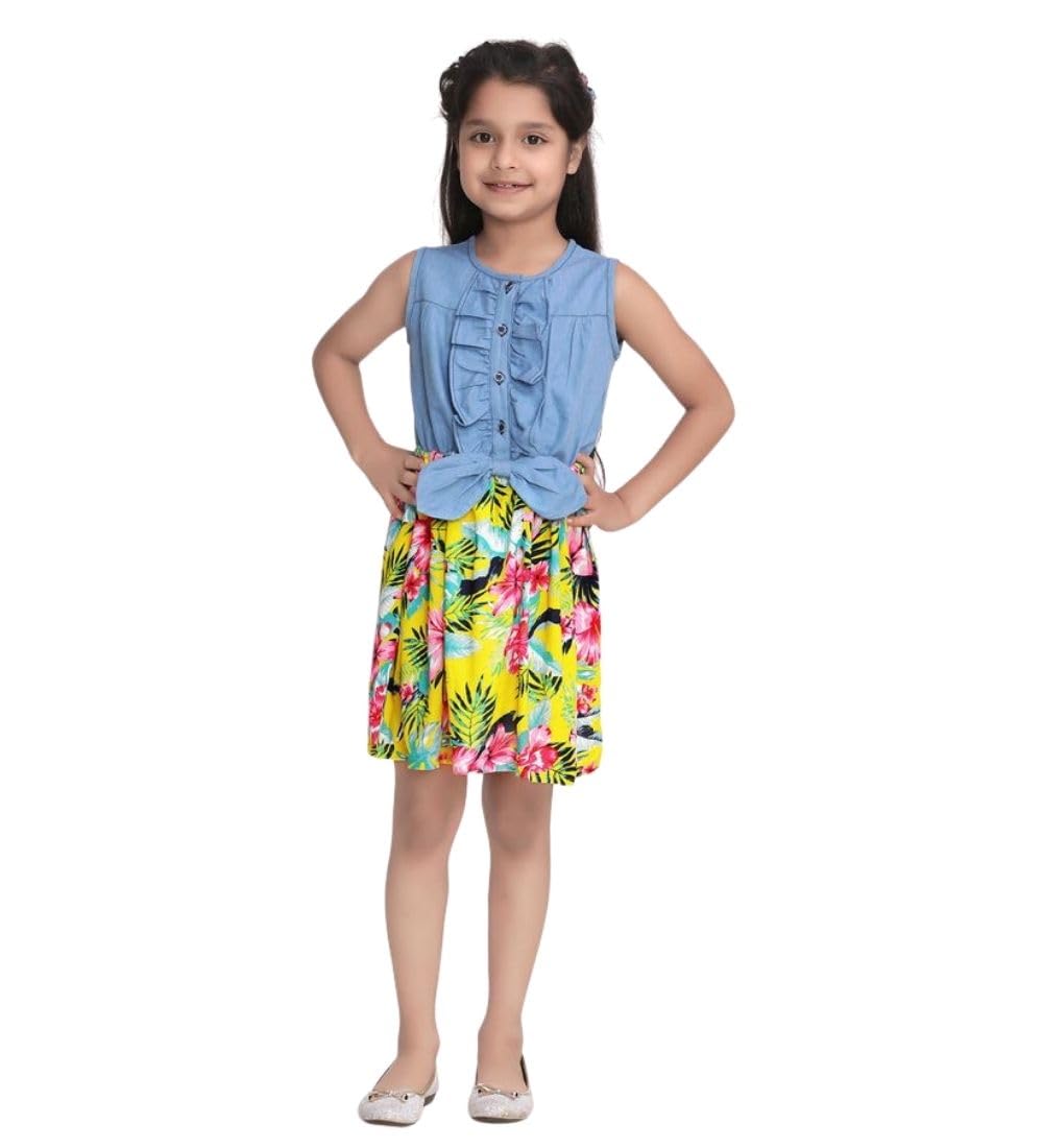 Girl's Denim Floral Sleeveless Dress (Blue-Yellow, 6-7-Yrs)-PID66021