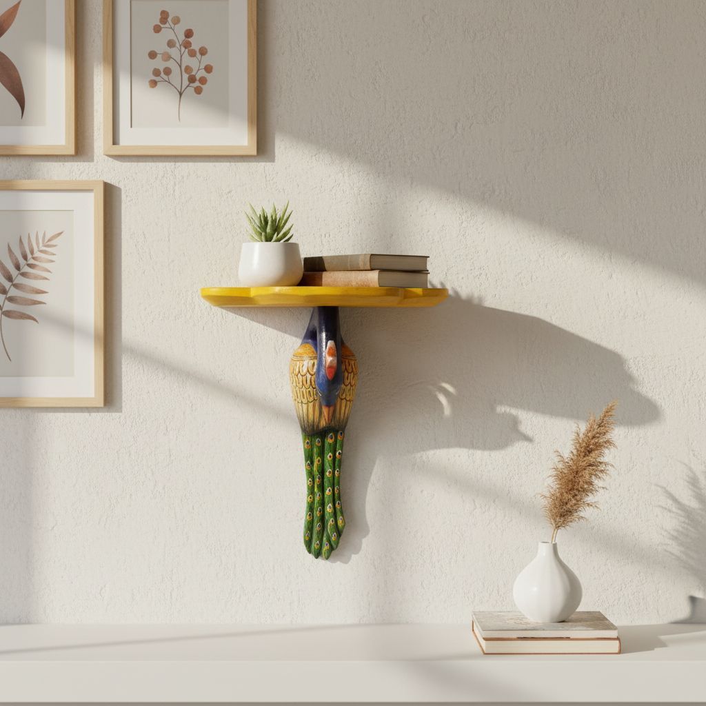 VMAntique Decor Handicraft Wall-Art, Wooden Painted Peacock Wall-Statue, Showpiece Peacock Wall-Figurine, Indoor Decoration Natural Peacock Wall-Idol