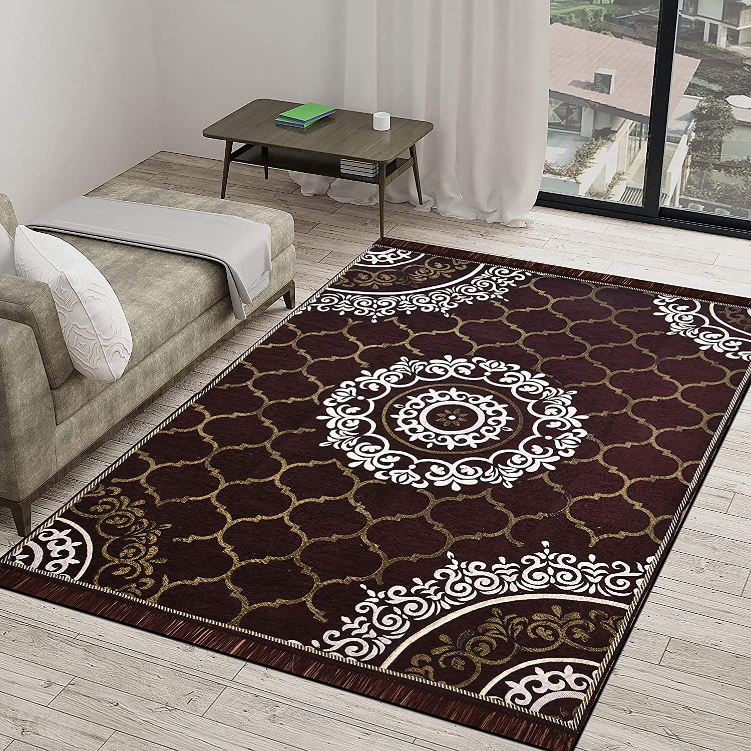 RADECOR World Premium Sleek and Spacious Rectangular Chennille Living Room Carpet with Binding, Area Rug, Durries II (5X7 Feet) (213 Cmx152 Cm)