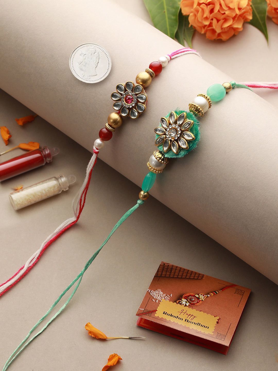Set of 2 Kundan & Pearl Beaded Rakhi with 10 gram Radhe Krishna round 999 Round Silver Coin