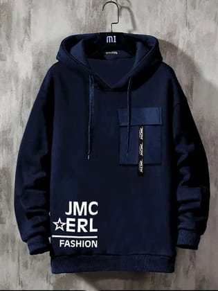 Men Printed Hooded Neck Cotton Blend Dark Blue T-Shirt