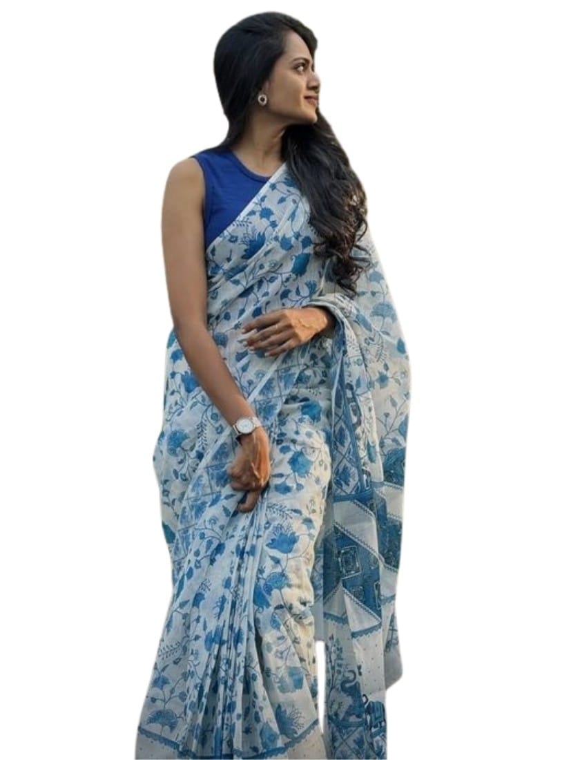Women's Linen Floral Printed Saree With Unstitched Blouse - 5.5 Mtr (White-Blue)