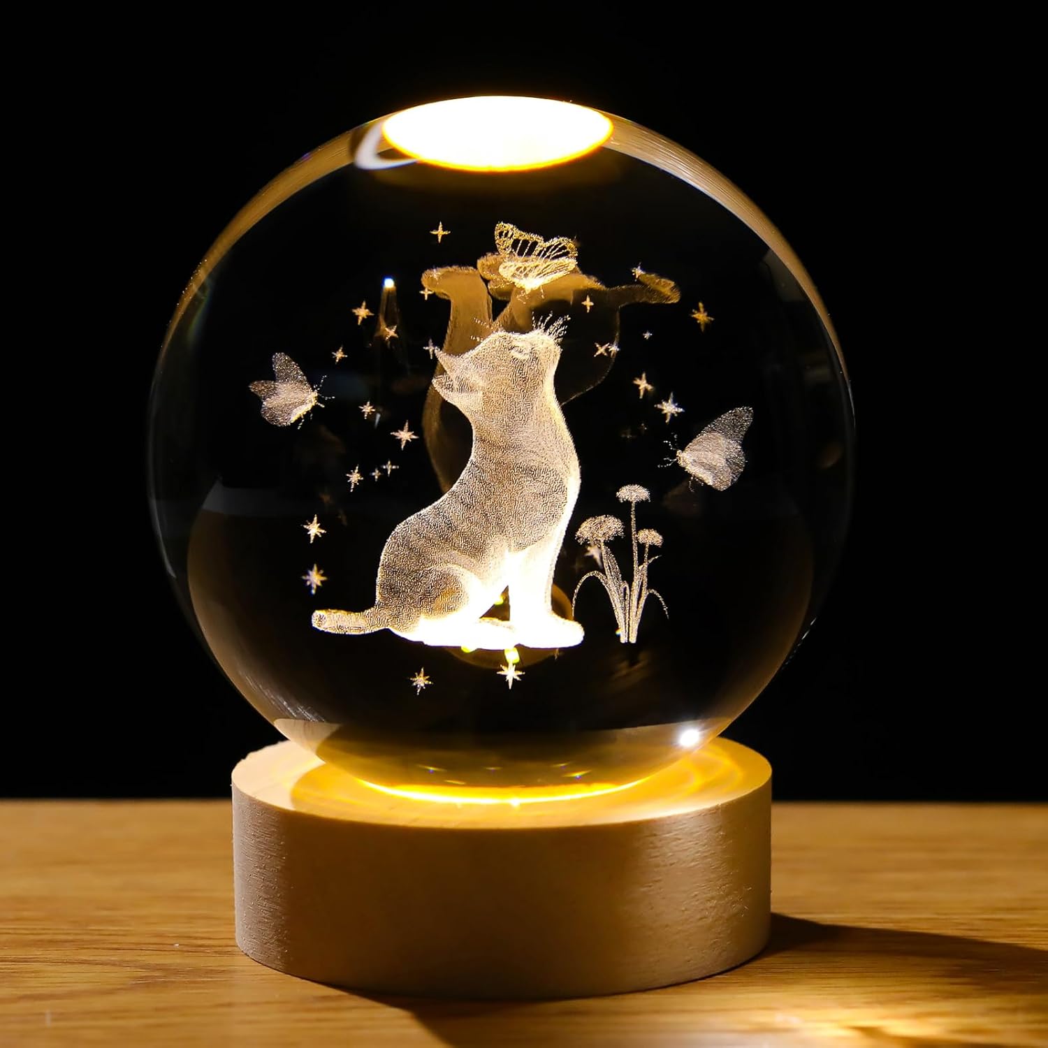 Arikyrist 3D Crystal Cat Figurine With Wooden LED Light Base, 80Mm Crystal Ball Decor, Laser Engraved Glass Sphere Gifts for Cat Lovers
