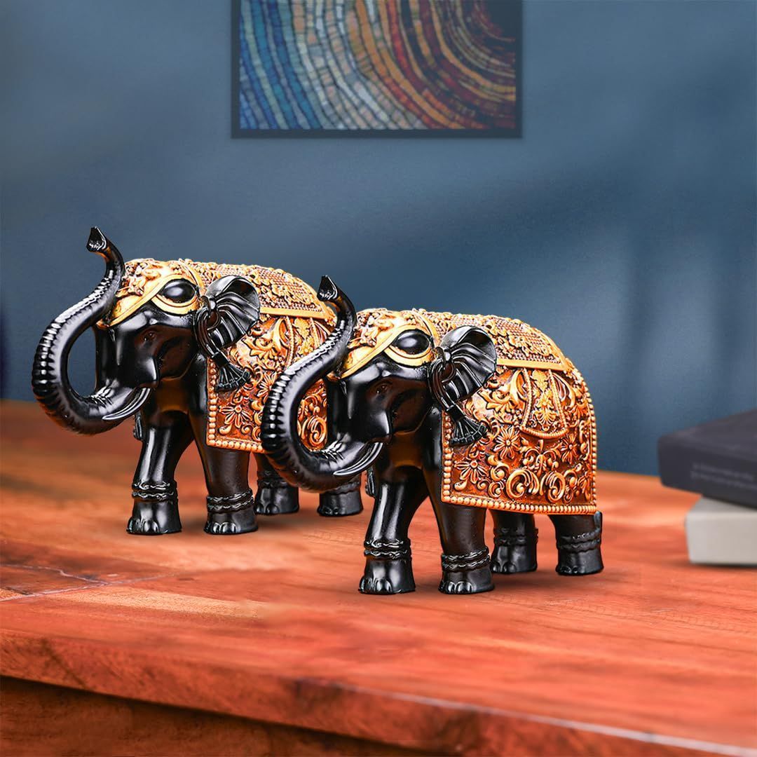 Artarium Black Trunk Up Royal Elephant Family Statue Showpiece Figurine Fengshui Vastu Lucky - Diwali Decorative Items for Home Decor Living Room Office Desktop & Gifting Corporate Gift Pack of 2