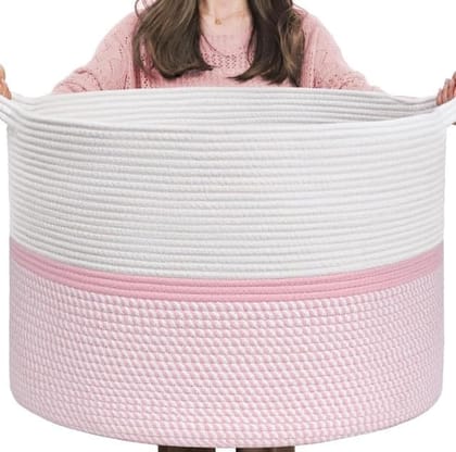 Generic Cotton Dori 16x14 Inch Storage Basket For Clothes With Out Lid (White-Pink-White)-PID66468