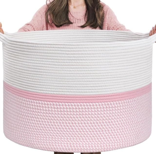 Generic Cotton Dori 16x14 Inch Storage Basket For Clothes With Out Lid (White-Pink-White)-PID66468