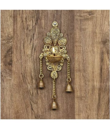 eCraftIndia Gold-Toned Handcrafted Antique Finish Diya with Bells Decorative Wall Hanging Showpiece
