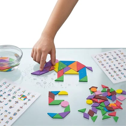 Clever Fox Funlab Water Sticking EVA Foam Tangram Shapes for Kids, 50+ Multicolour Geometric Pieces, Mess-Free Bath Toy & Creative Wall Art