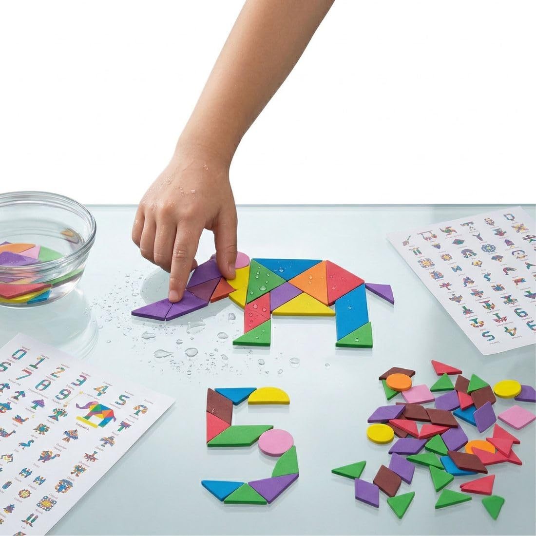 Clever Fox Funlab Water Sticking EVA Foam Tangram Shapes for Kids, 50+ Multicolour Geometric Pieces, Mess-Free Bath Toy & Creative Wall Art