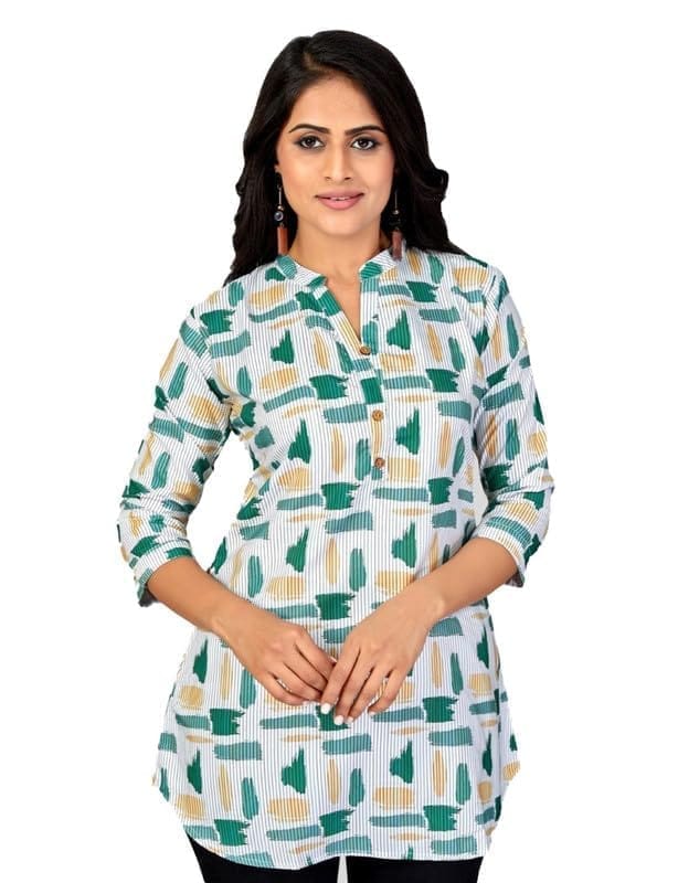 Women's Poly Crepe Mandarin Collar 3/4 Sleeves Short Top (Green, M)-PID56268