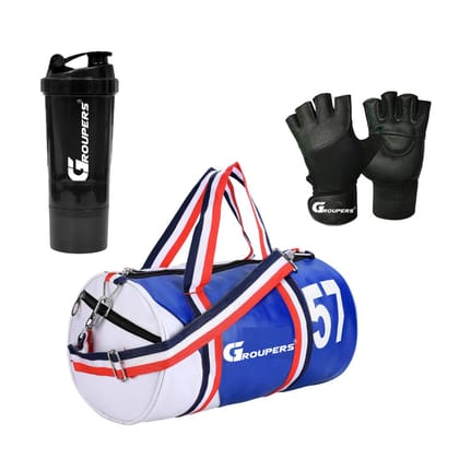 GROUPERS Duffle PU Leather Bag with Shaker Bottle-500ml & GloveslSports & Travel Bag (Blue White) GROUPERS Duffle PU Leather Bag with Shaker Bottle-500ml & GloveslSports & Travel Bag (Blue White)
