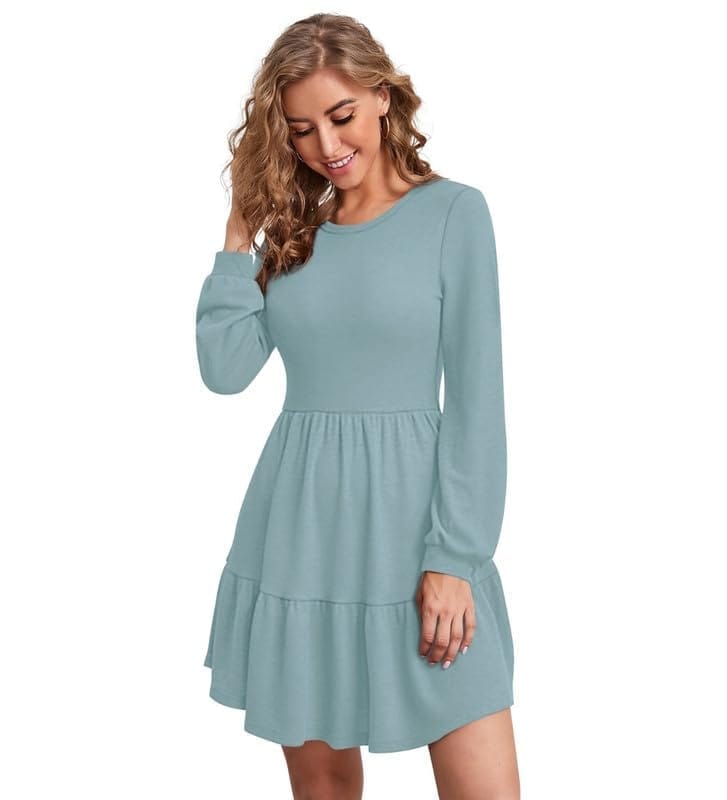 Women's Knitting Stretchable Solid Round Neck Full Sleeve Dresses (Pista, S)-PID56787