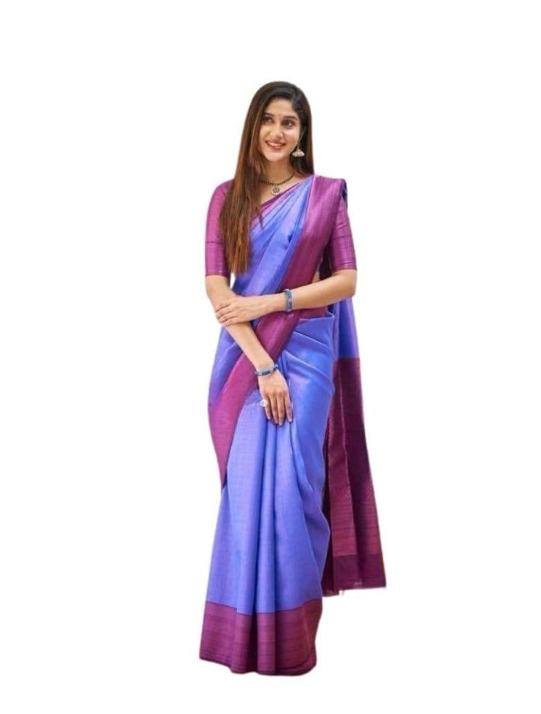 Women's Soft Lichi Silk Printed Saree With Unstitched Blouse 5.5Mtr (Blue)-PID63633