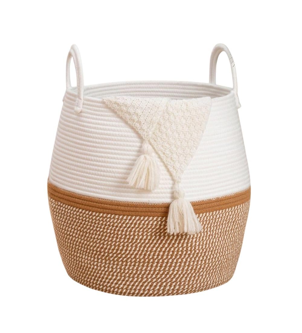 Generic Cotton Matka With Handle 14x12 Inch Storage Basket For Clothes With Out Lid (Beige-White)-PID66398
