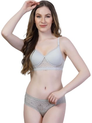 ADORNSTAR Women Designer Grey Lace Lingerie Set | Non Wired Non Padded Full Coverage Bra with Hipster Panty Soft Fabric and Adjustable Straps Comfortable Innerwear for Women