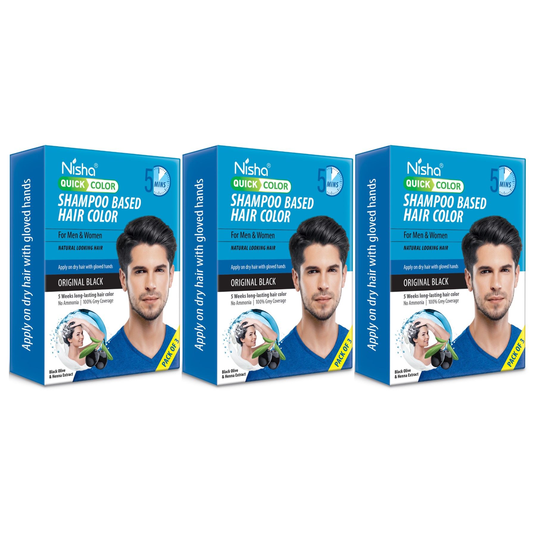 Nisha Quick Color 5 Minutes Shampoo Hair Colour Original Black 60ml Pack of 3, 5 Weeks Long Lasting Hair Colour Shampoo