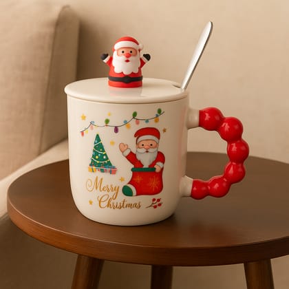 Christmas Ceramic Mug with Lid & Spoon | 350 ML Santa Mug with Red Handle | Merry Christmas Gift Cup for Coffee Christmas Ceramic Mug with Lid & Spoon | 350 ML Santa Mug with Red Handle | Merry Christmas Gift Cup for Coffee