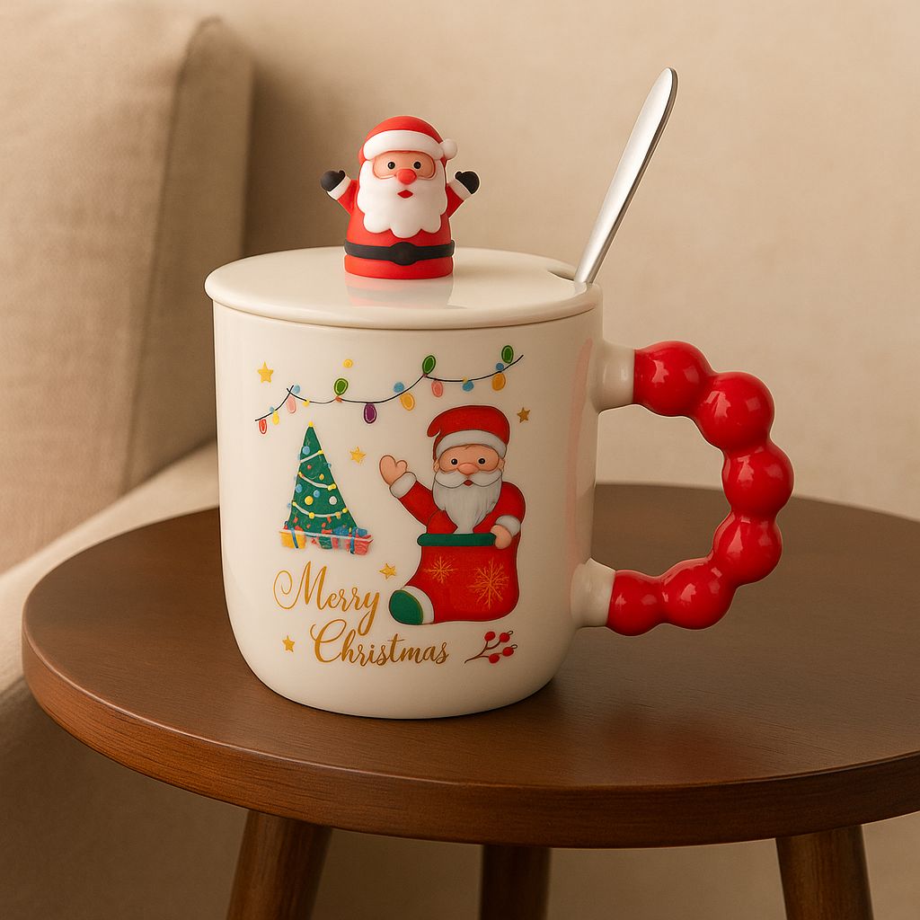 Christmas Ceramic Mug with Lid & Spoon | 350 ML Santa Mug with Red Handle | Merry Christmas Gift Cup for Coffee