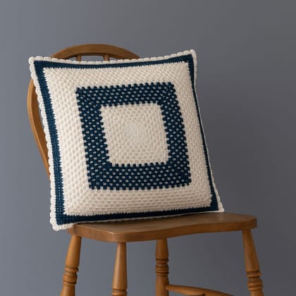 Alangrahaa Handmade Crochet Cushion Cover | Square Cotton Pillow Cover with Blue & White Geometric Design | Decorative Sofa | Chair & Bed Throw Pillow Case  16x16 Inch