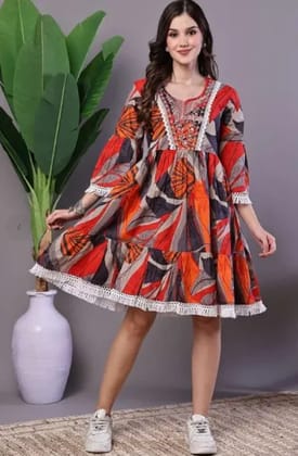 Womes Multicolor Printed Cotton A-Line Dress with Embroidered Yoke Midi Dresses Womes Multicolor Printed Cotton A-Line Dress with Embroidered Yoke Midi Dresses
