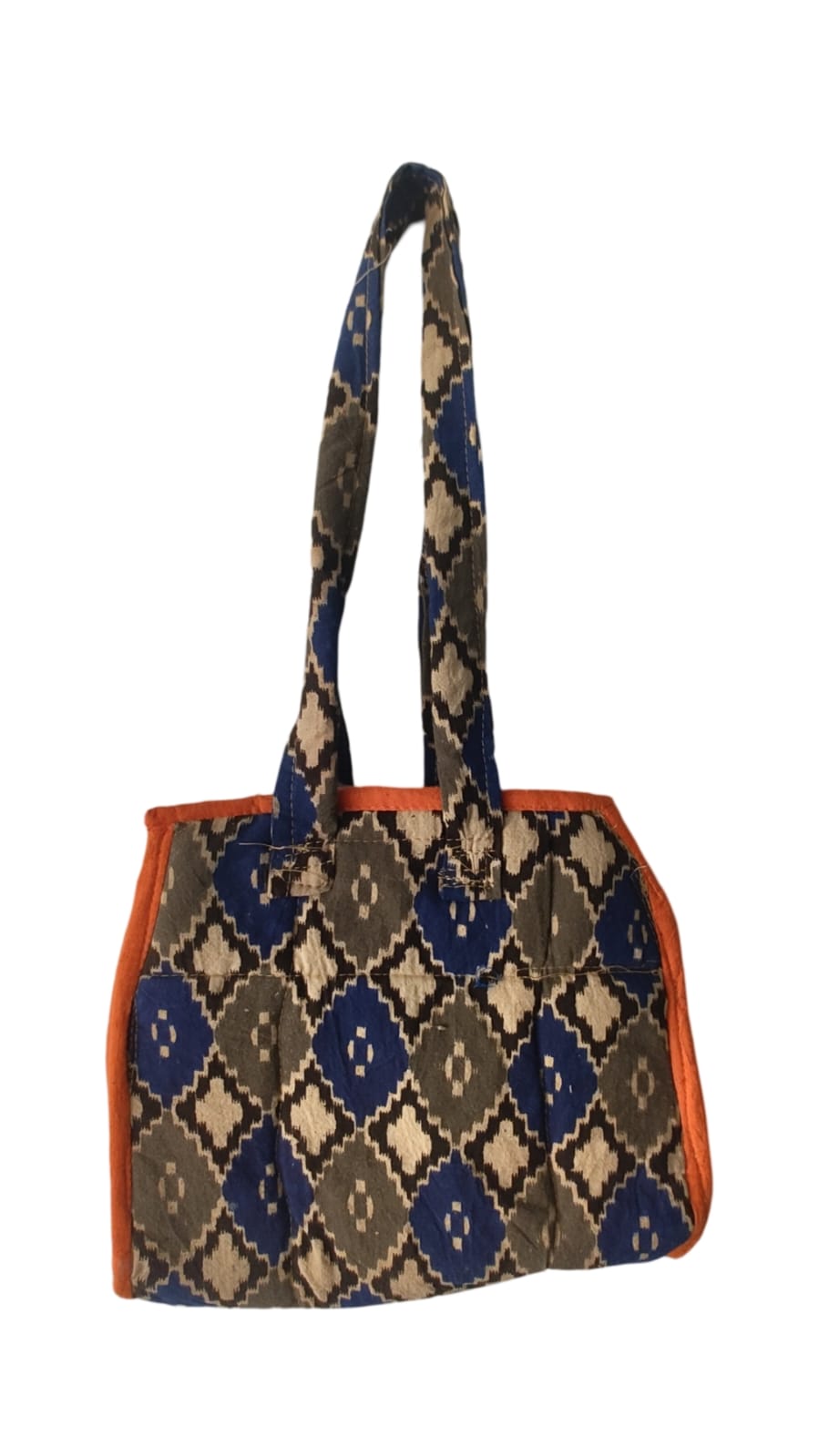 KALANKARI Quilted cotton tote bag with blue and brown geometric print and orange lining