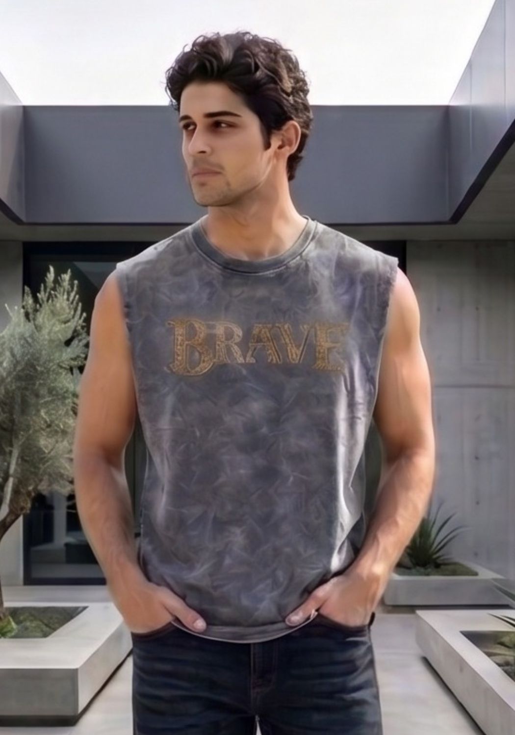 Hue Nox Men's Grey Brave Graphic Oversized Vest Tank