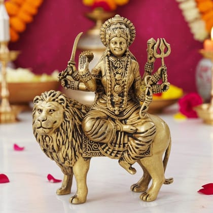 Brass Durga Ji God Idol - Premium Antique Finish Decorative Showpiece, Height : 5.2 Inch (BSMAS1732 G)
