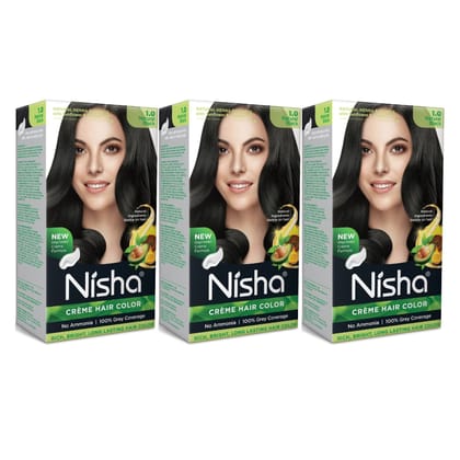 Nisha Creme Hair Color Natural Black 60g Pack of 3, Permanent Hair Colour, No Ammonia, 100% Grey Coverage