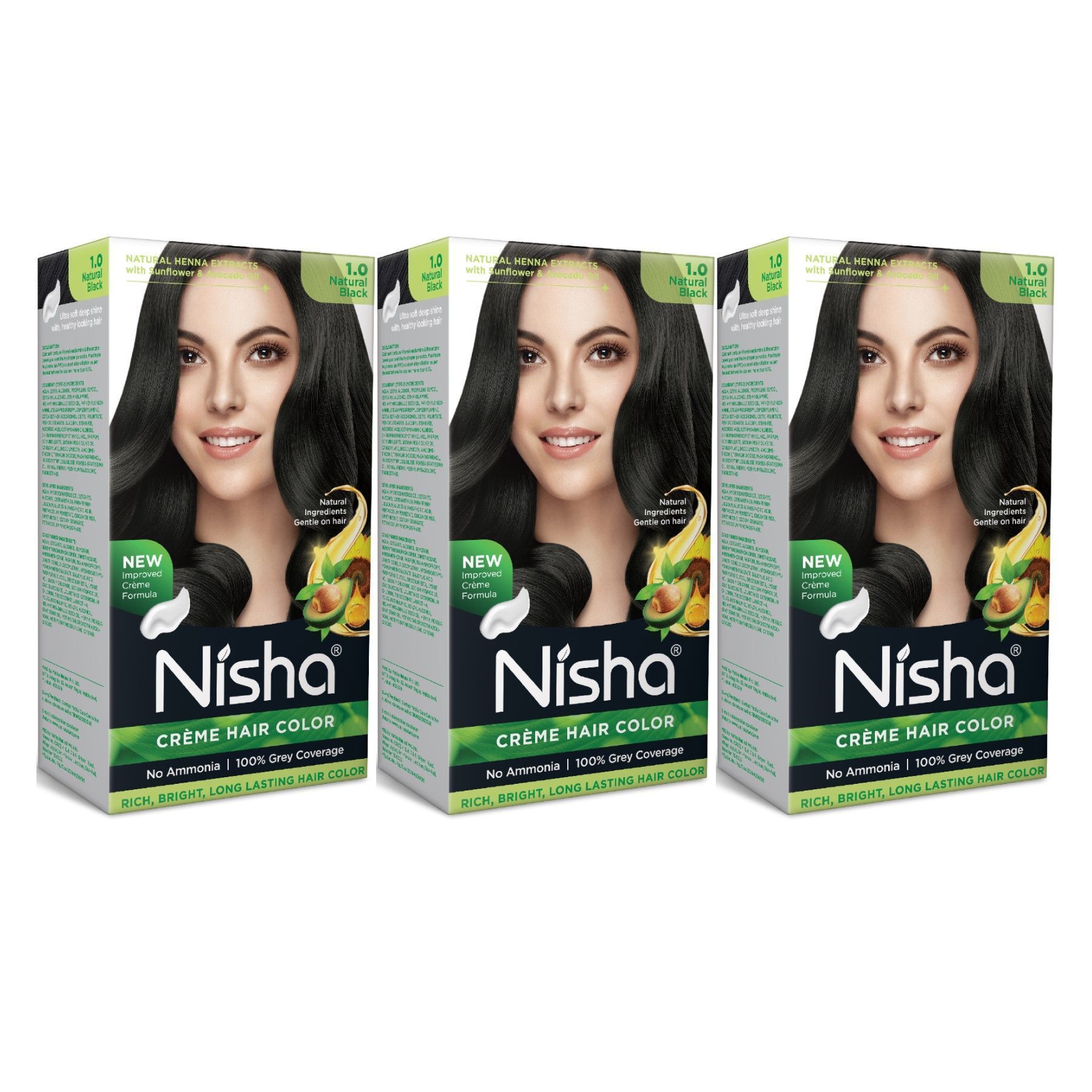 Nisha Creme Hair Color Natural Black 60g Pack of 3, Permanent Hair Colour, No Ammonia, 100% Grey Coverage