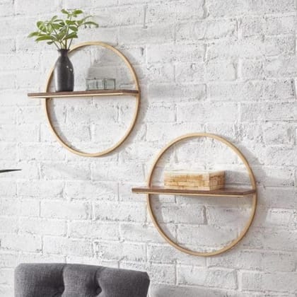 Sahaj Hast Wall Mount Shelf - Circle Geometric Shelf Set of 2 in Modern Wood & Metal Design for Living Room or Study