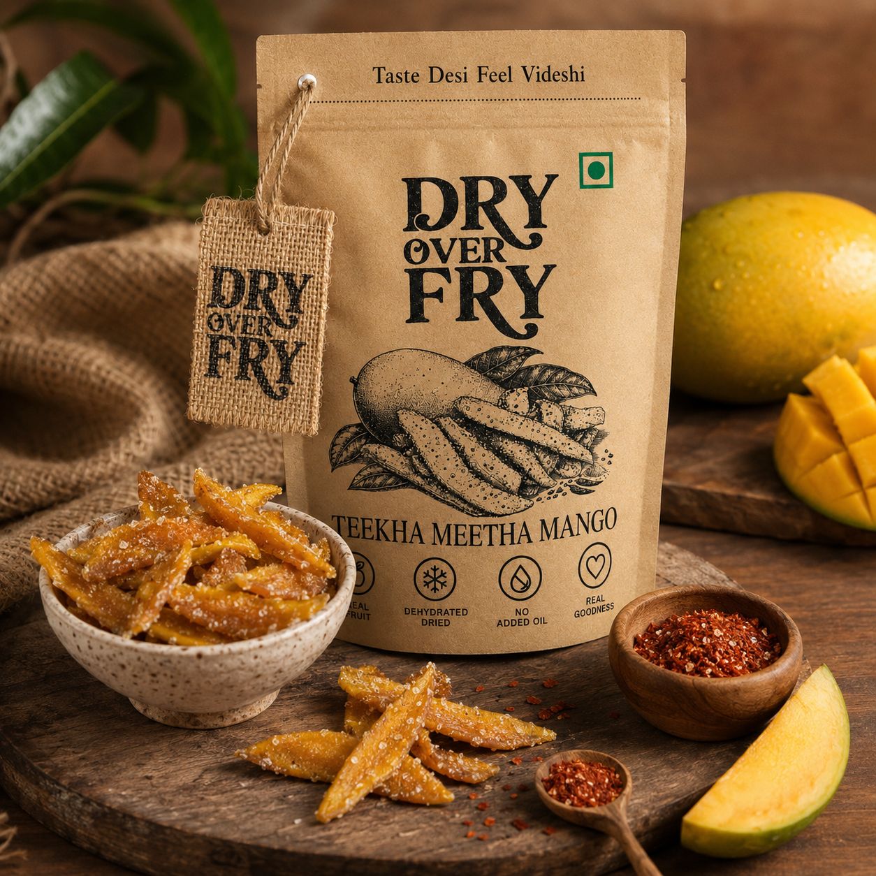 Dry Over Fry Teekha Meetha Mango, Dehydrated Sweet Chilli Mango Long Strips, 150 g