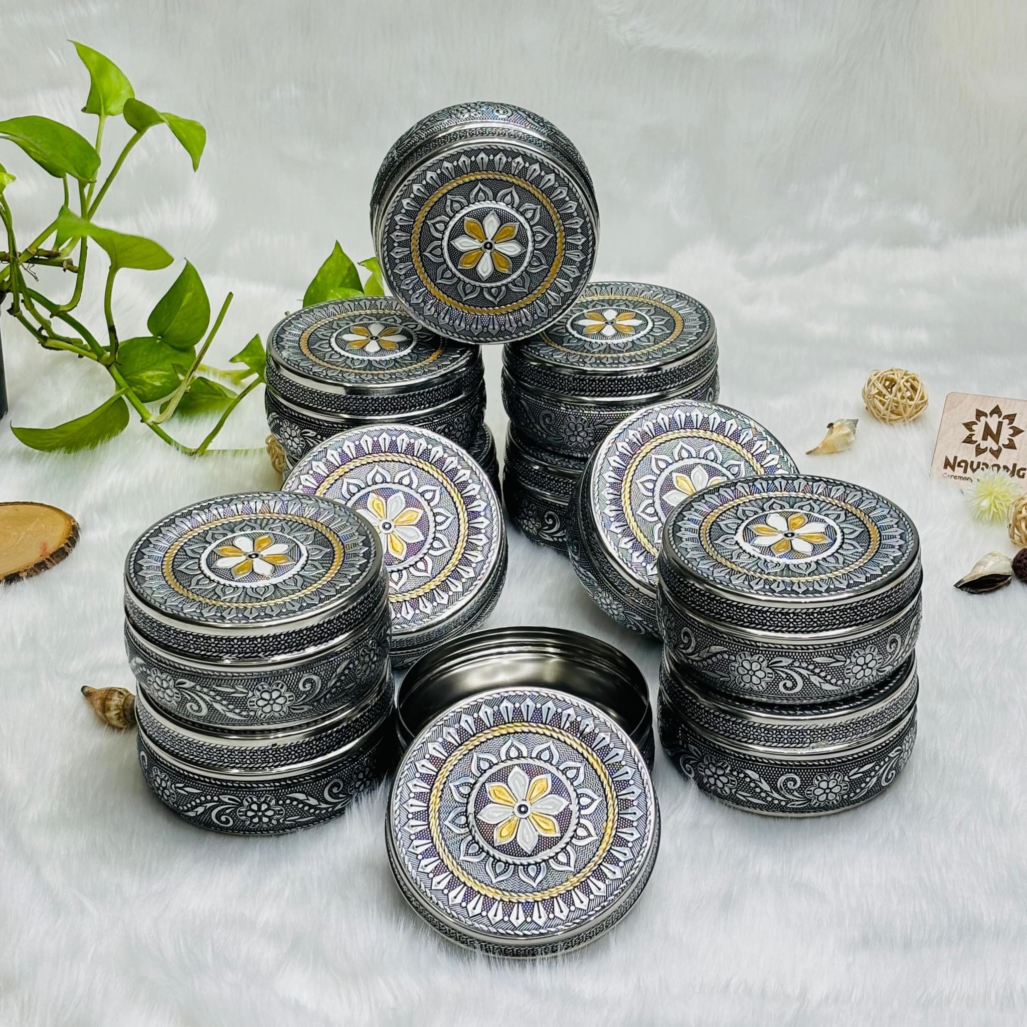 NAVRANG Stainless Steel Container Box Meenakari Storage Box Return Gifts (Pack of 12, Black)