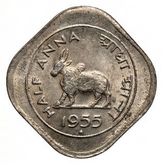 Small Half Anna 1955 Bull, India old Coin Silver Plated Ancient India Heritage