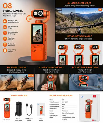 Q8 4K Ultra-Clear Action Camera Pocket Handheld Sports Camera with EIS Stabilization, Autofocus & Adjustable Angle (Upto 128 GB External Memory Card Supported | Random Color) Q8 4K Ultra-Clear Action Camera Pocket Handheld Sports Camera with EIS Stabilization, Autofocus & Adjustable Angle (Upto 128 GB External Memory Card Supported | Random Color)