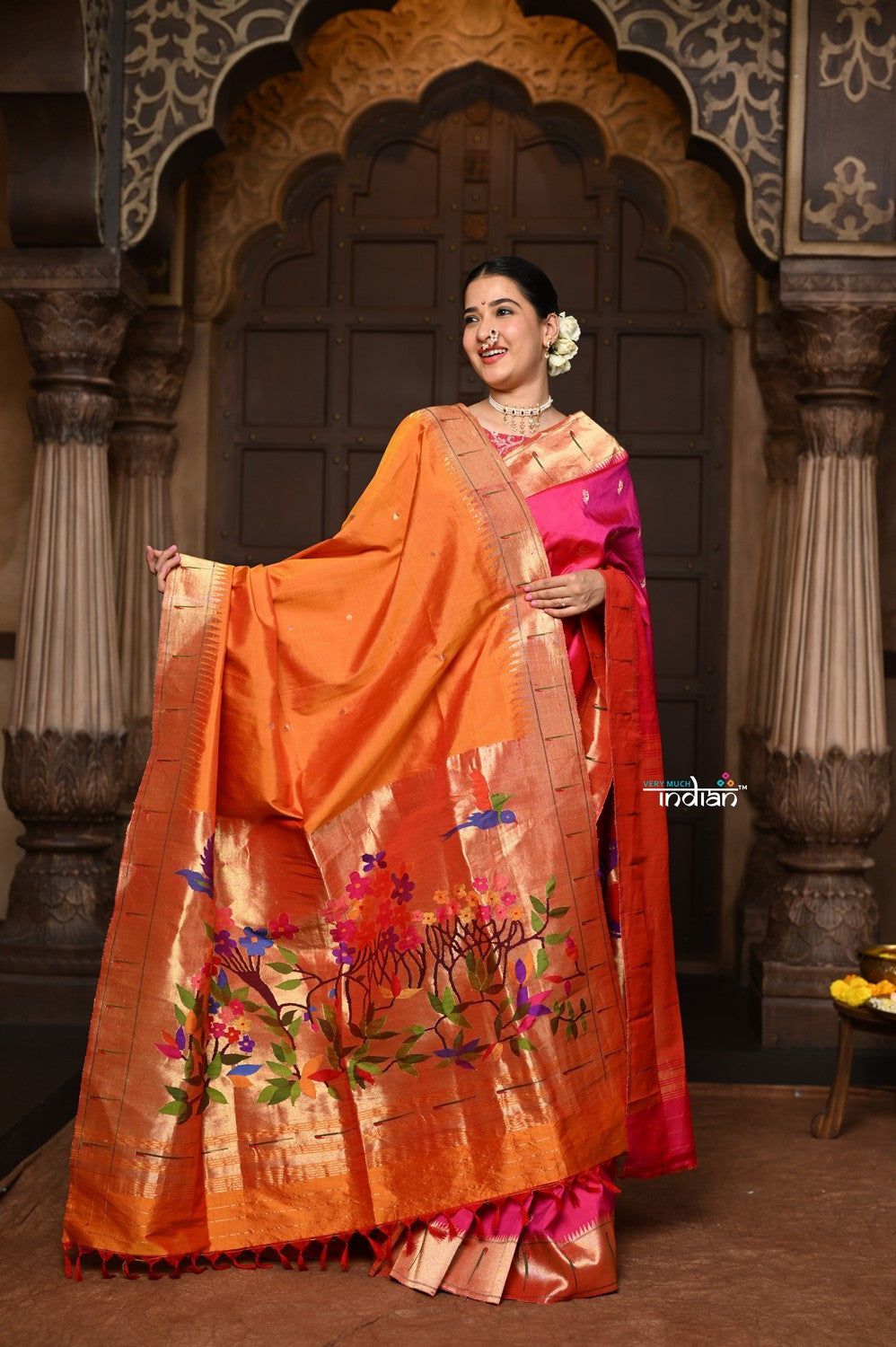 Parampara ~ Pure Silk Dupatta with Signature Muniya Border in Orange