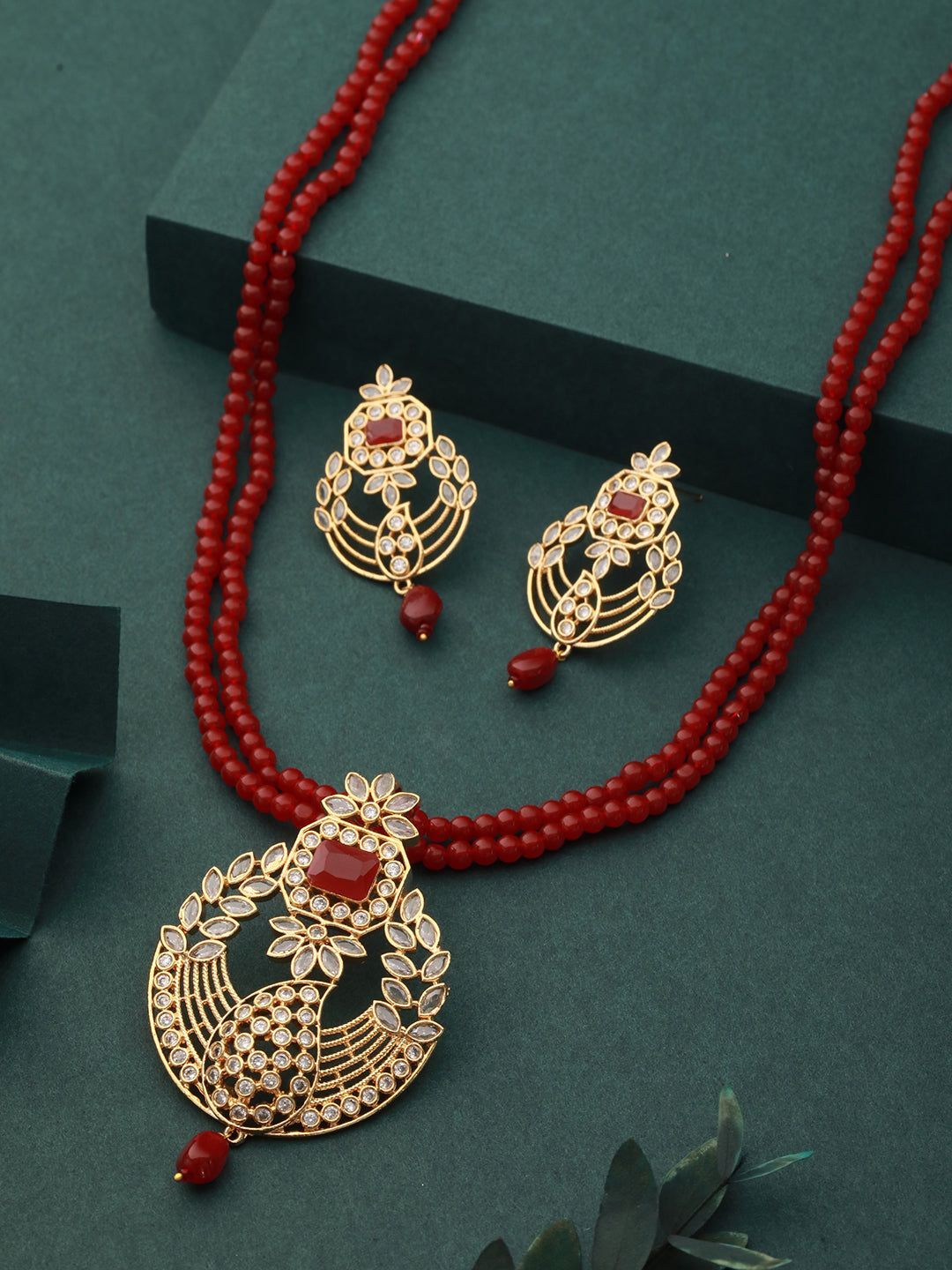 Gold Plated Polki AD studded Red Beads Maala Necklace Set