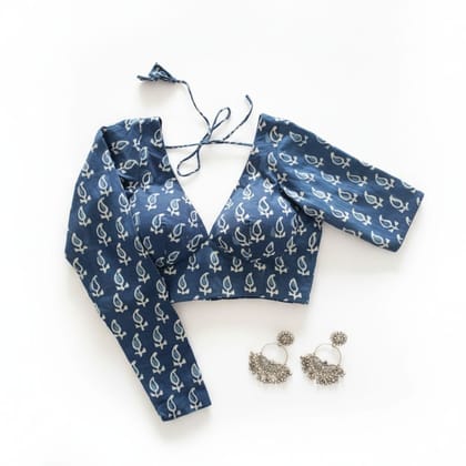 Blue Paisley Print Cotton Ethnic Blouse with Tie-up Back
