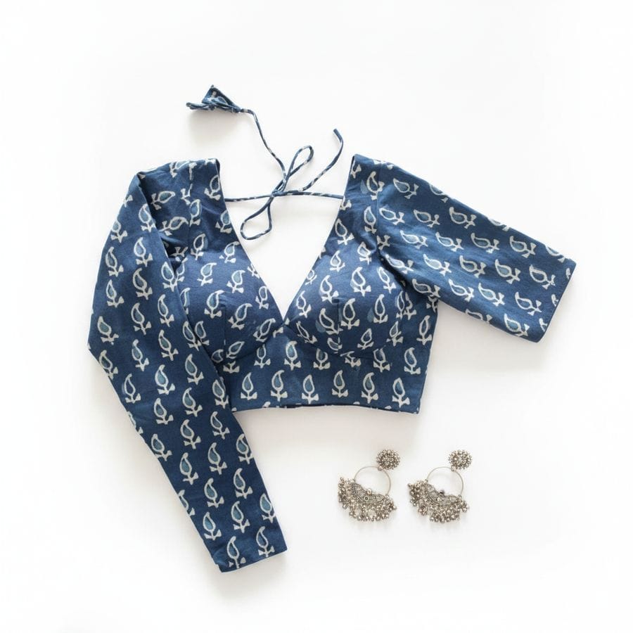 Blue Paisley Print Cotton Ethnic Blouse with Tie-up Back