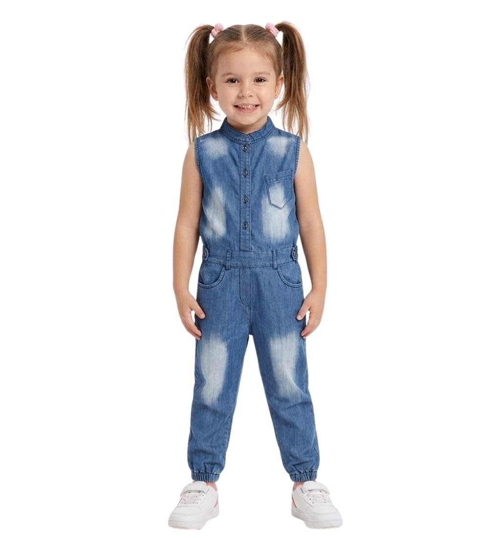 Girl's Denim Embellished Sleeveless Jumpsuit (Blue, 5-6-Yrs)-PID66081