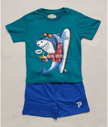 Cherry Tree Pack of 1 Boys Cotton Blend T-Shirt & Shorts Set ( Sea Green )