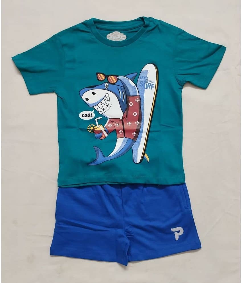 Cherry Tree Pack of 1 Boys Cotton Blend T-Shirt & Shorts Set ( Sea Green )