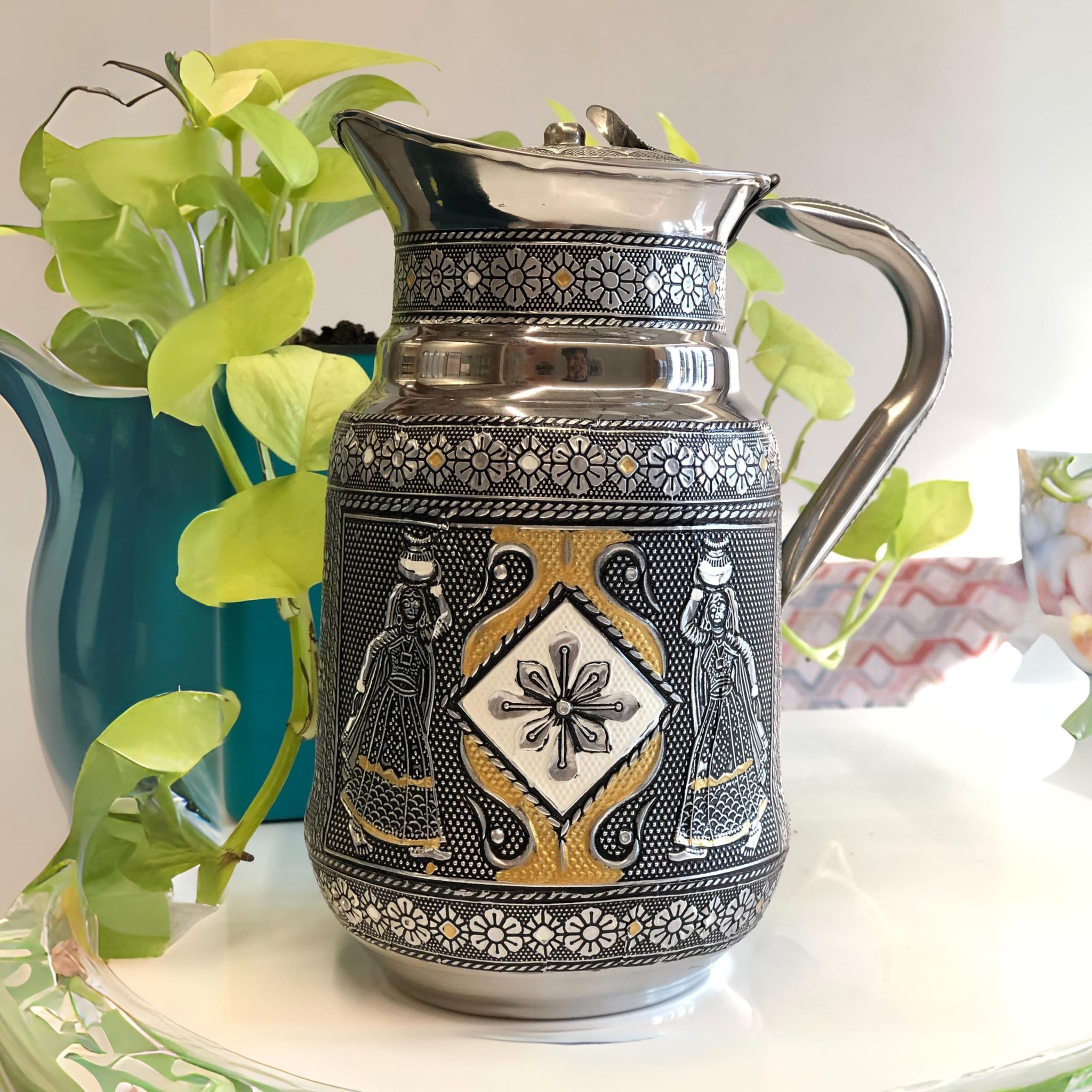 Navrang Stainless Steel Meenakari Decorative Jug, Water Pitcher Serving Jug - 1.5 L Return Gifts
