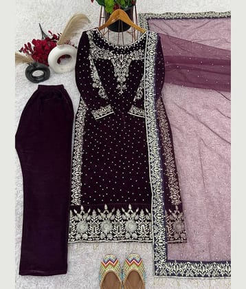 YASHASVI ENTERPRISE Women Velvet Embroidered Ethnic Motifs Kurti With Salwar ( Wine )