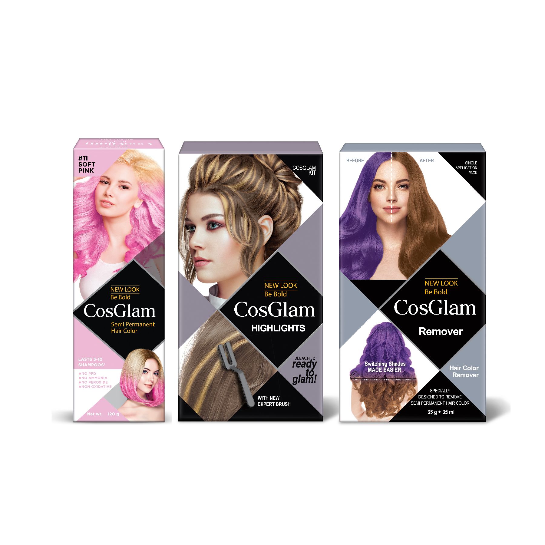 COSGLAM Combo Pack, Semi Permanent Hair Color Soft Pink 120g, Hair Highlighter Kit 115g & Hair Color Remover 70ml
