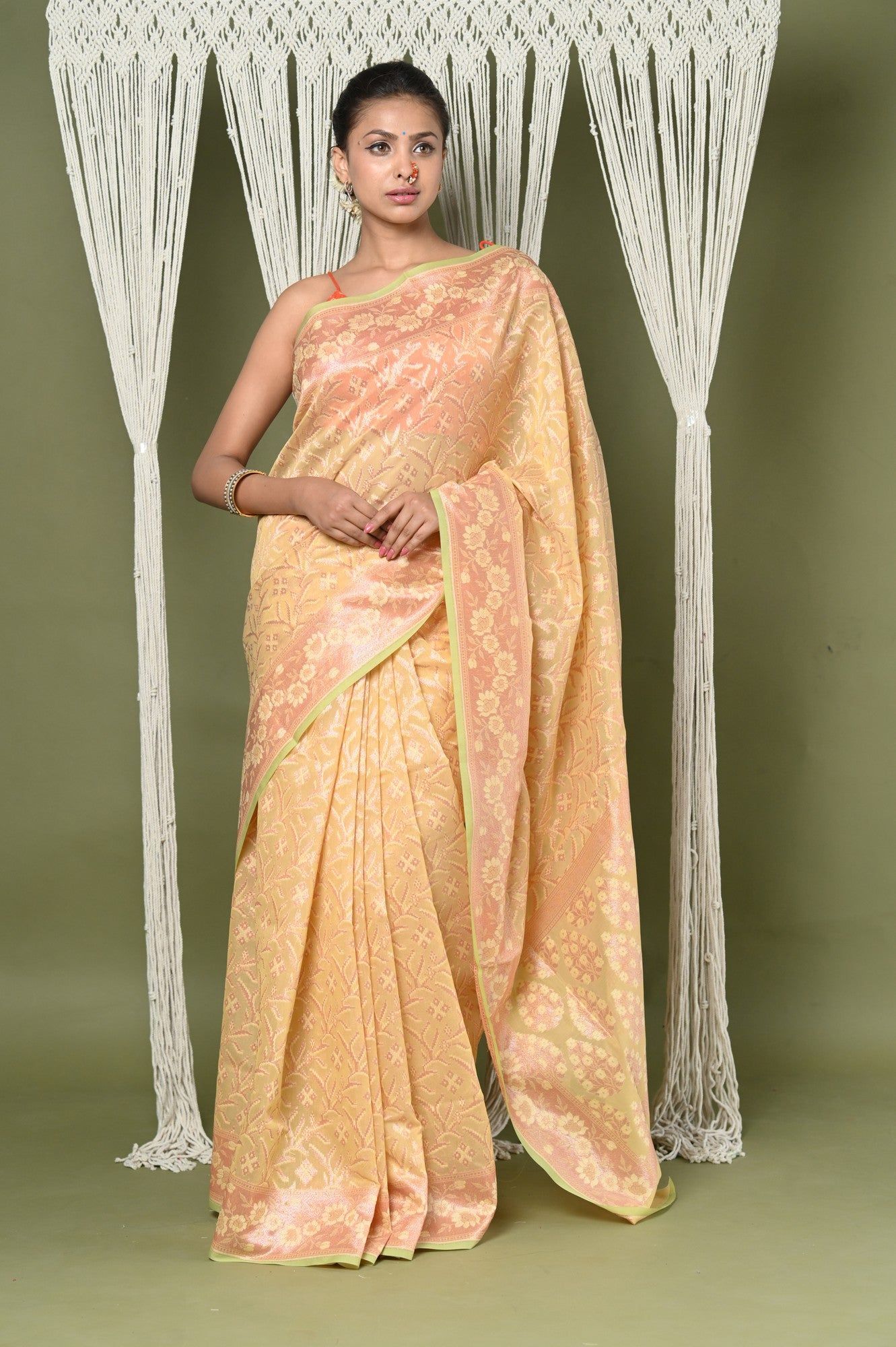 Exclusive High Quality Handloom Banarasi Cotton Saree with Beautiful Abstract Print ~ Yellow