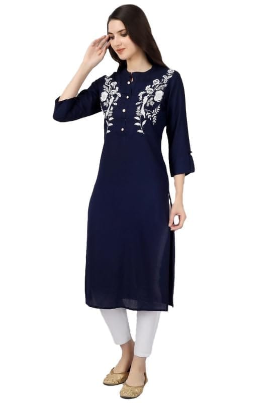 Women's Embroidered Calf Length Rayon Kurti (Blue, M)-PID46333