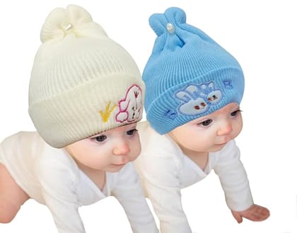 Fully Elastic Baby Cap with Cute Embroidery - Soft & Comfortable Infant Headwear- PACK OF 2