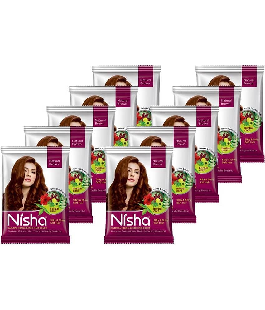 Nisha Henna Based Hair Color Natural Brown 15gm Pack of 10, Ammonia Free Henna Powder Hair Colour Dye Brown Hair Color