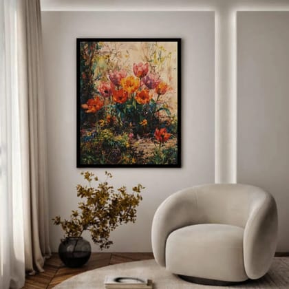 Luminary Garden Sonata – Blooming Tulip Symphony Museum-Quality Cotton Canvas Art for Living Room Décor | Frame Size (69 X 97 Cm) | Frame Type (Black) | 5-Year Warranty